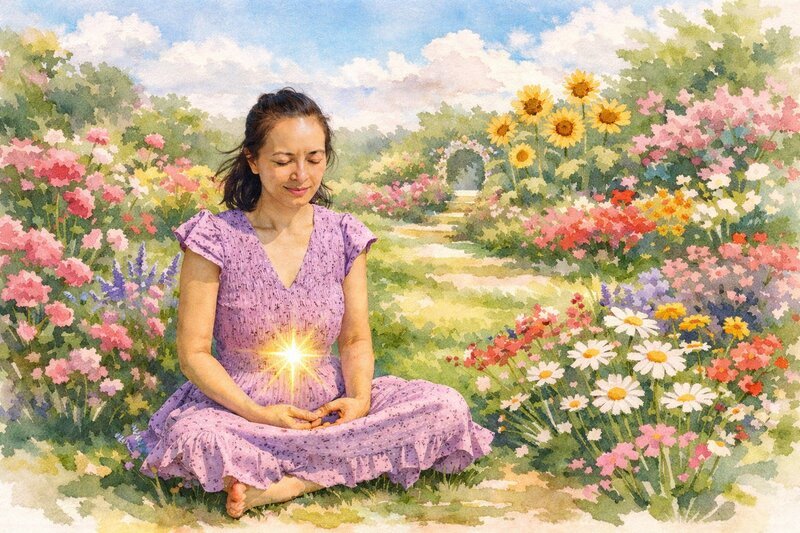 Woman meditating in golden hour park setting with a warm golden light sphere at center of body