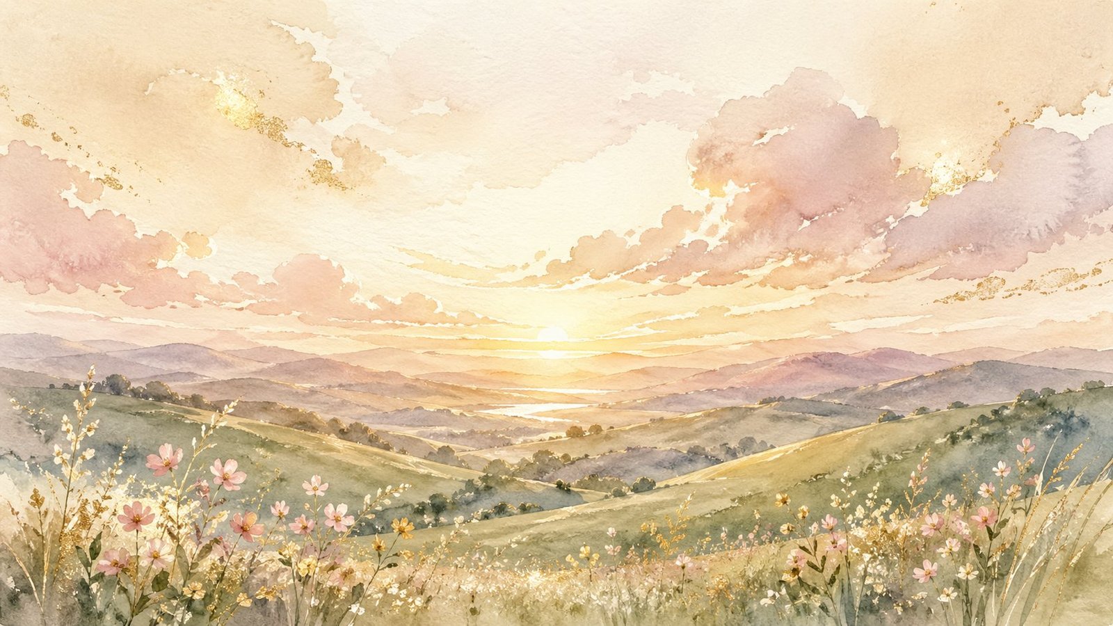 A peaceful watercolor landscape at sunrise — rolling hills, soft pastel sky, wildflowers in the foreground