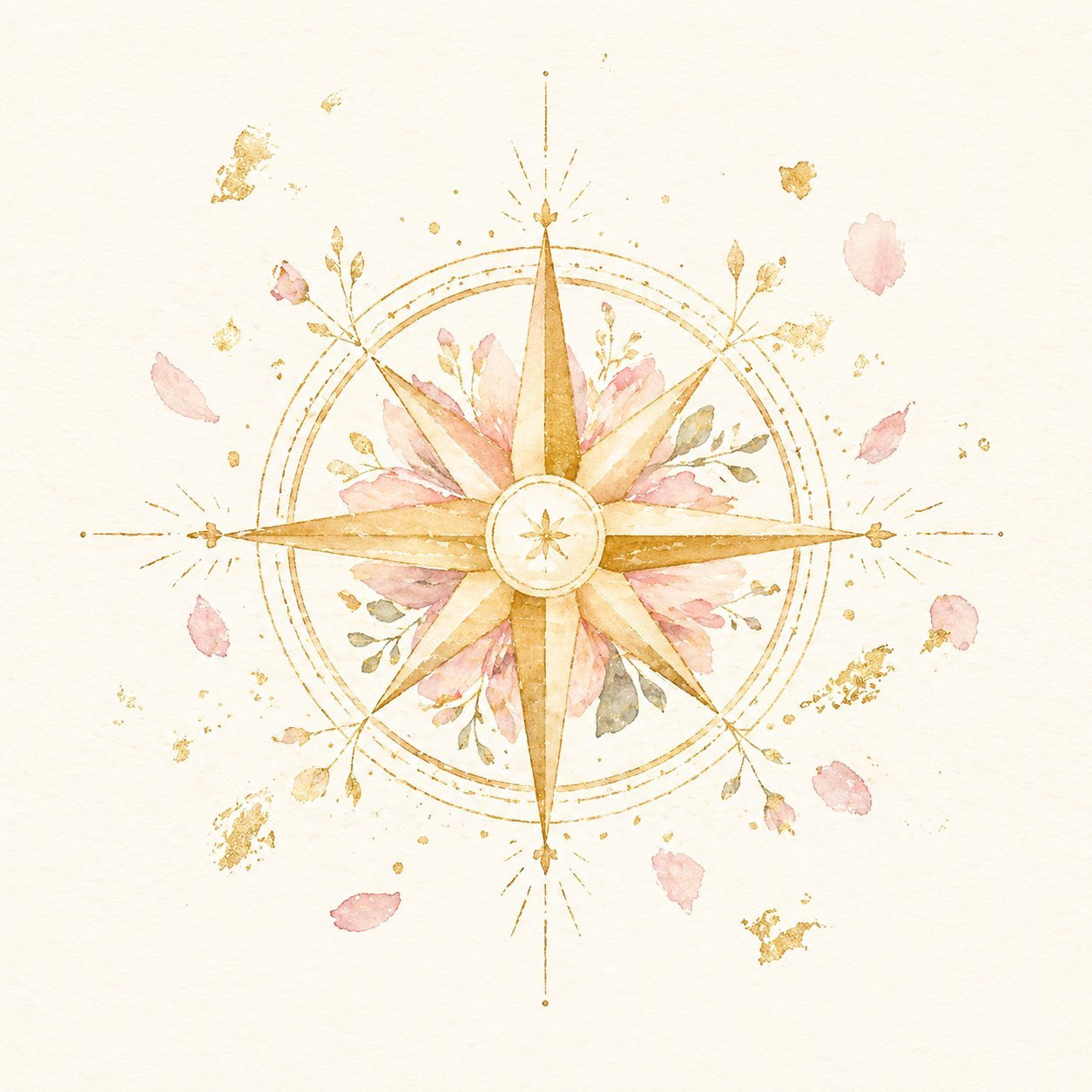 Watercolor compass rose with golden petals