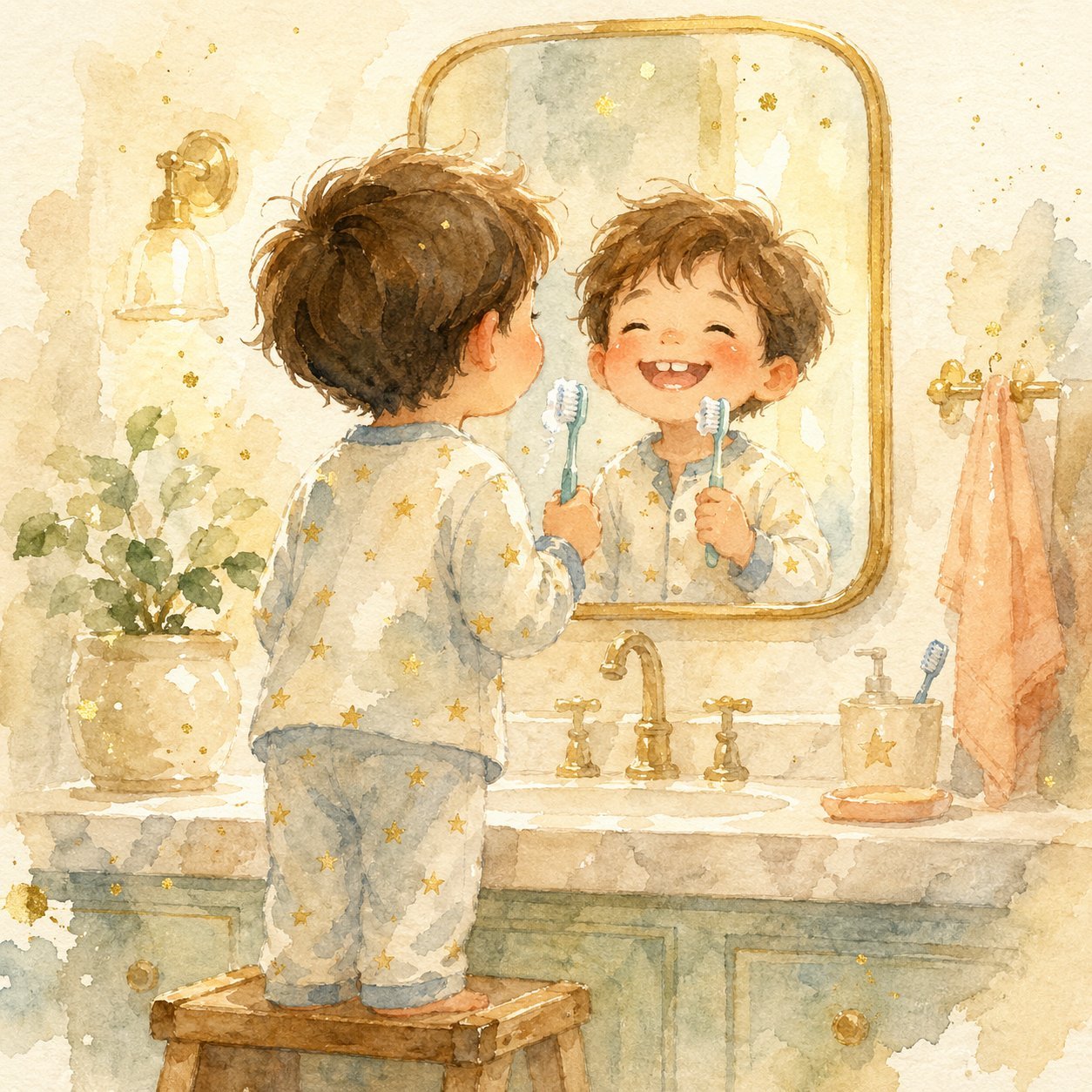 Watercolor of a chubby cute boy beaming at his own reflection in the bathroom mirror, holding a toothbrush