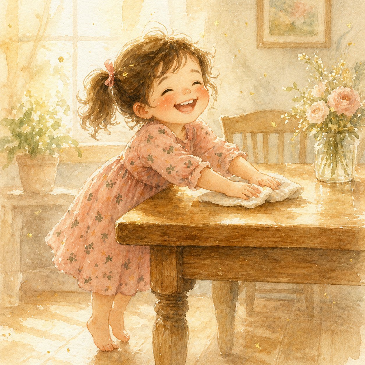 Watercolor of a sweet little girl in a rose dress laughing while wiping the dining table