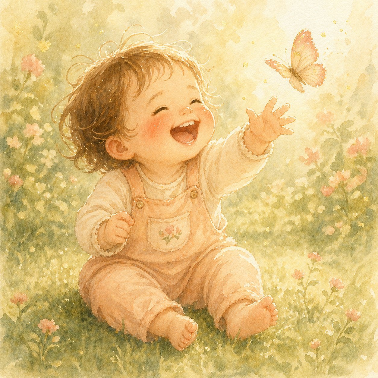 Watercolor of a chubby happy toddler in a sunny garden reaching toward a pale rose butterfly with delighted laughter