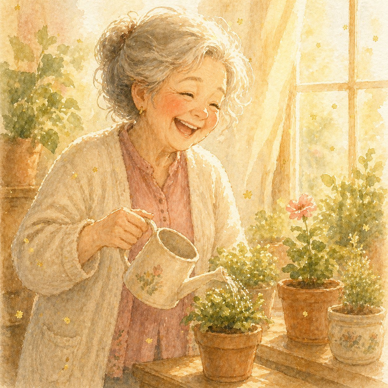 Watercolor of a sweet older woman laughing softly while watering her potted plants in warm sunlight