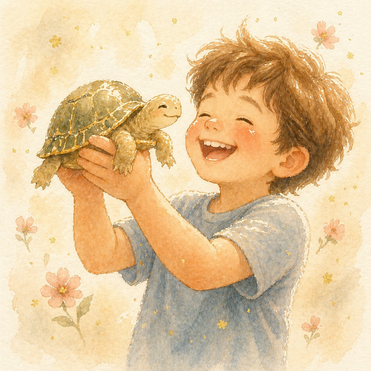 Watercolor of a cheerful boy in a blue shirt laughing with delight as he holds up a small cute turtle