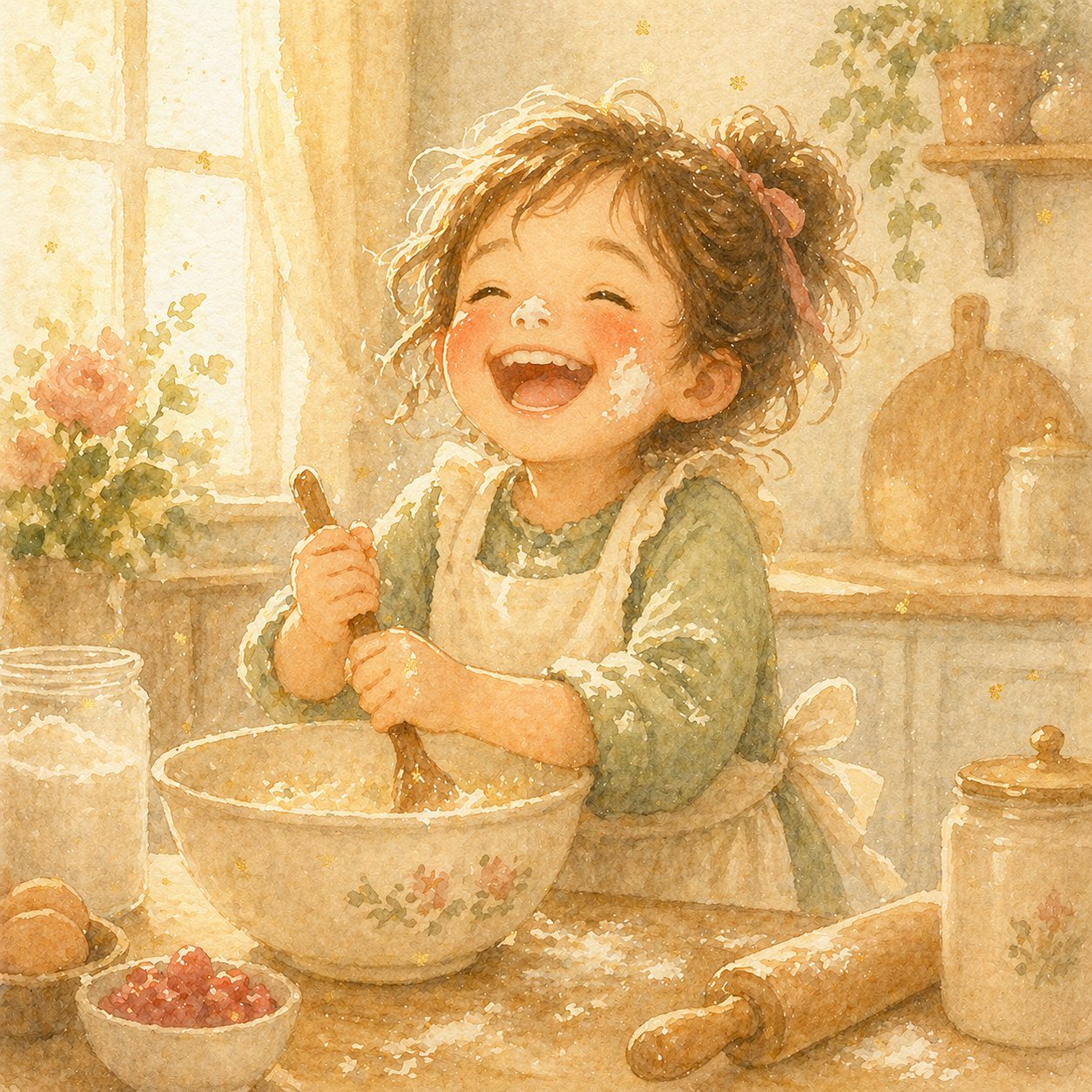 Watercolor of a cute girl baking in a sunny kitchen, laughing with flour on her nose