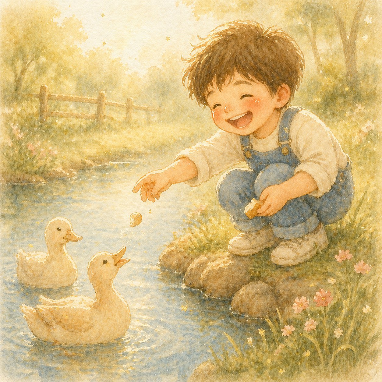Watercolor of a happy boy in overalls beaming as he tosses bread to two ducks at the edge of a pond