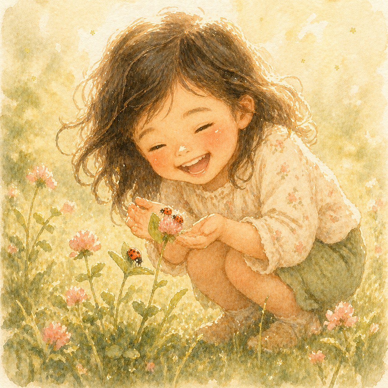 Watercolor of a little Asian girl with loose curly dark hair laughing with delight as she cradles a pink clover flower with two tiny ladybugs in her hands