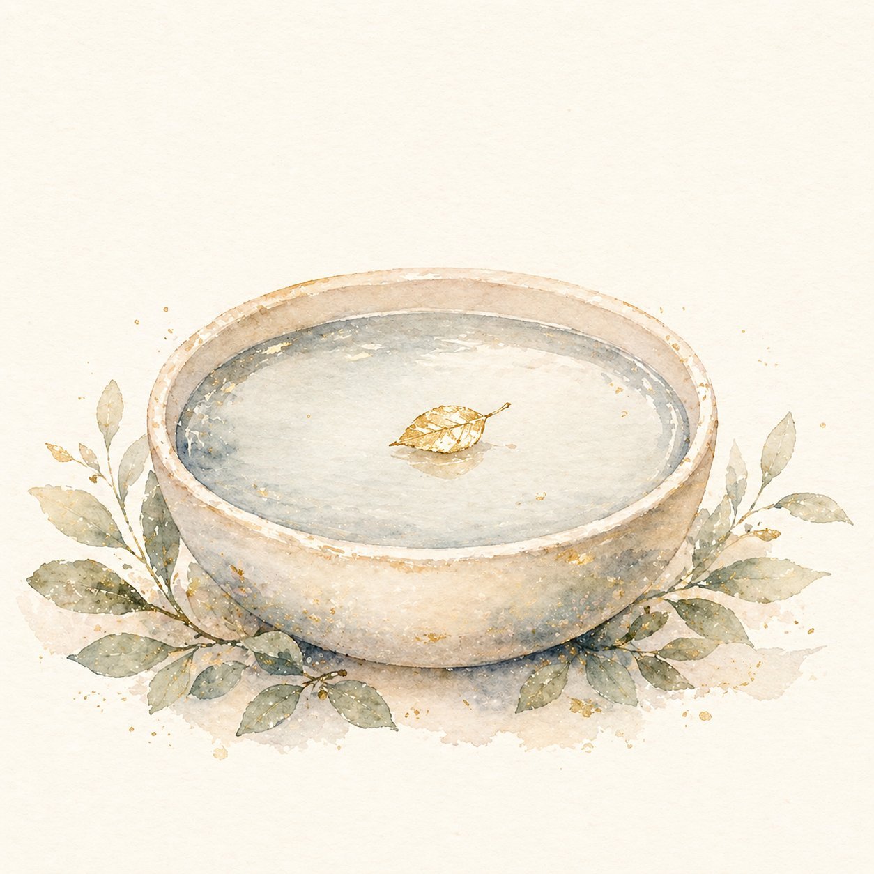 Watercolor of a still bowl of water with a single gold leaf resting on the surface