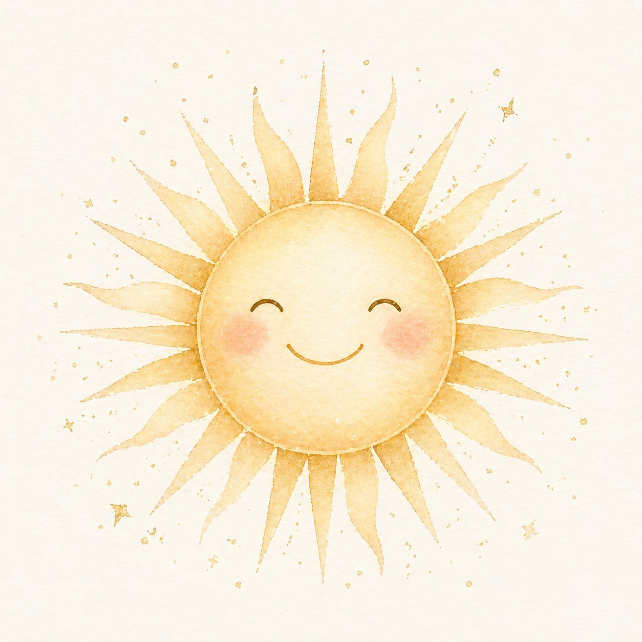 Watercolor of a cute smiling sun with rosy cheeks and gentle closed eyes