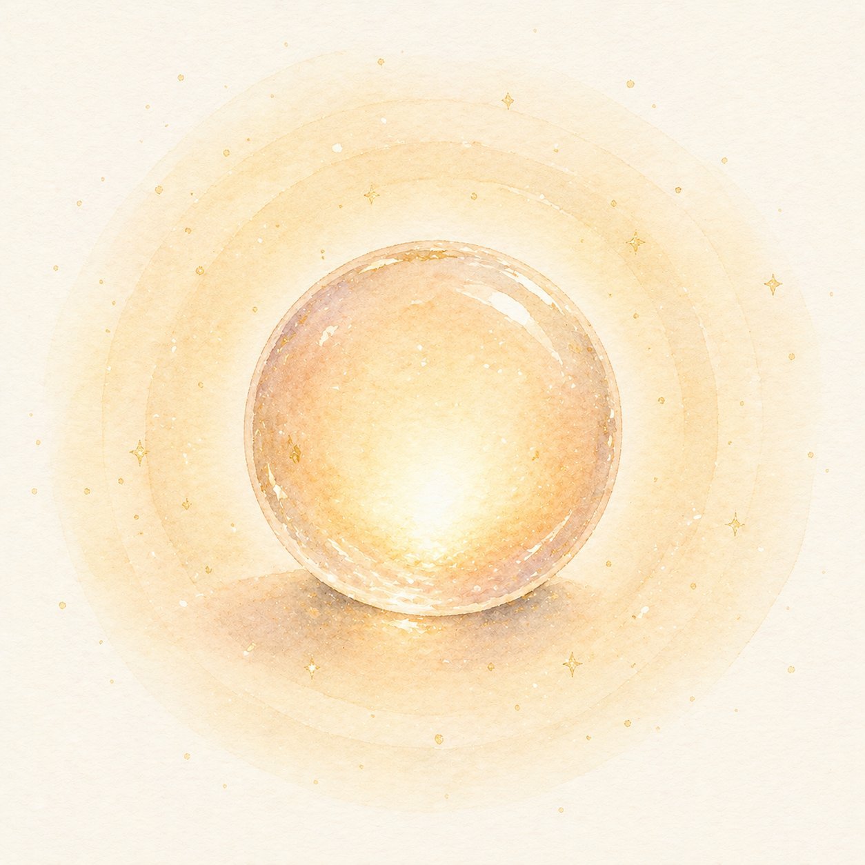Watercolor of a glowing crystal sphere radiating soft golden halos