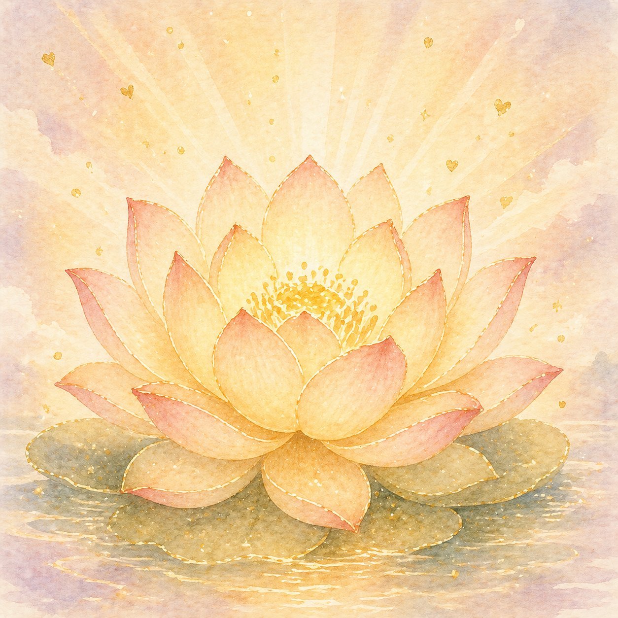 Watercolor of a radiant golden lotus in full bloom with light rays and gold flecks