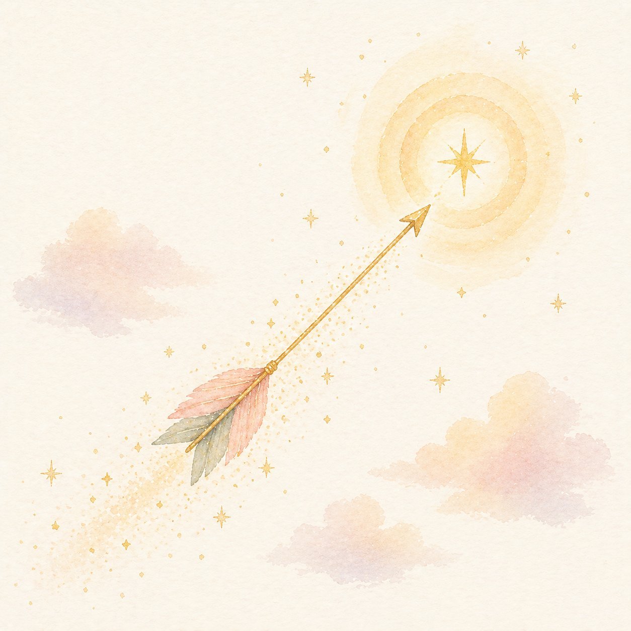 Watercolor of a golden arrow flying toward a glowing star with trailing sparkles