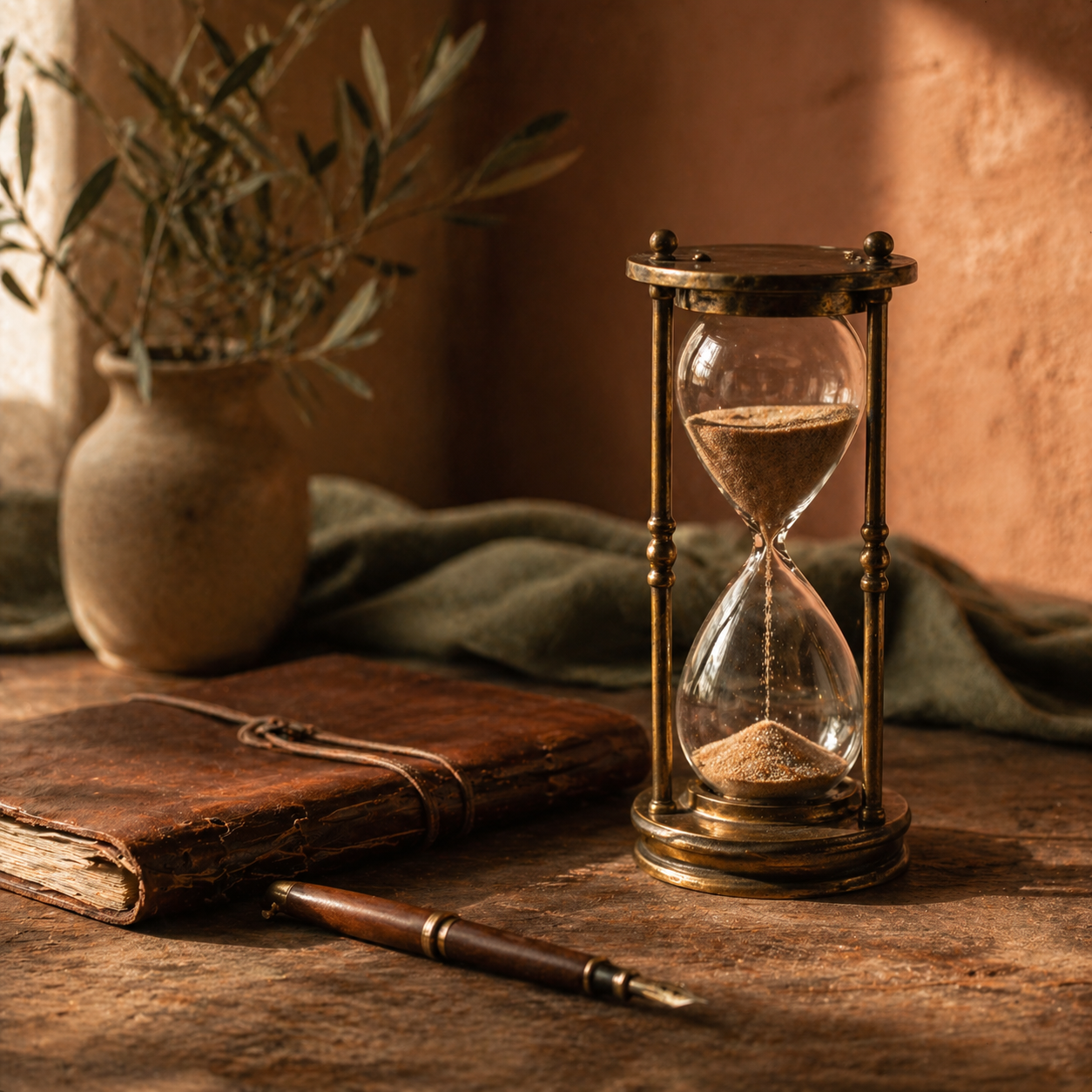 An antique brass hourglass with sand mid-flow beside a leather-bound journal and fountain pen — a meditation on time and long-term thinking.