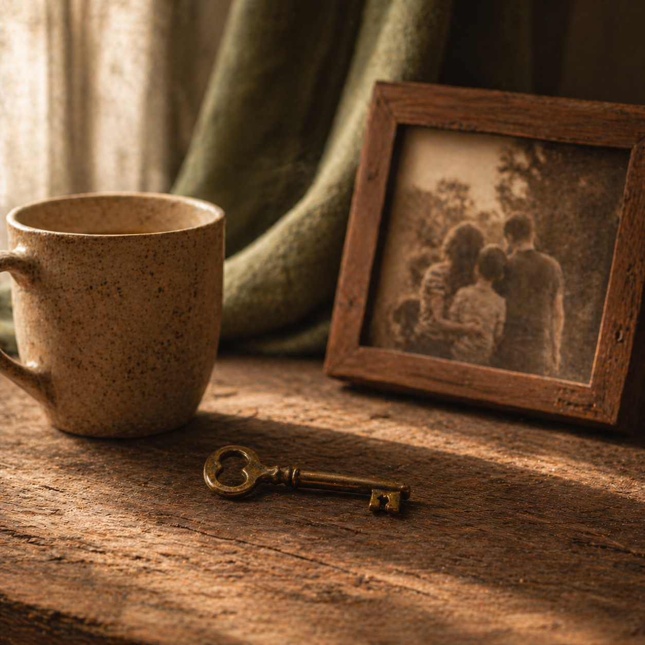 A worn brass key on a wooden table beside a simple speckled ceramic mug and a softly faded framed family photograph — symbols of home and the discipline of enough.
