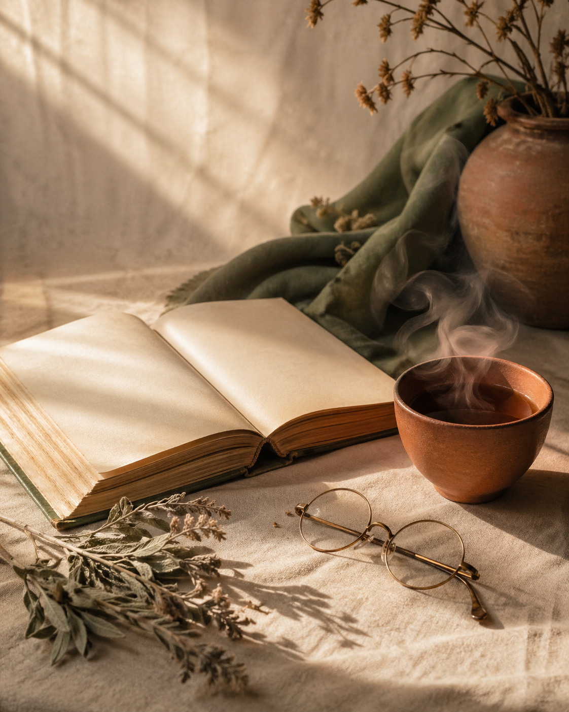 An open book, steaming terracotta cup, brass spectacles, and dried sage on warm linen in soft morning light.