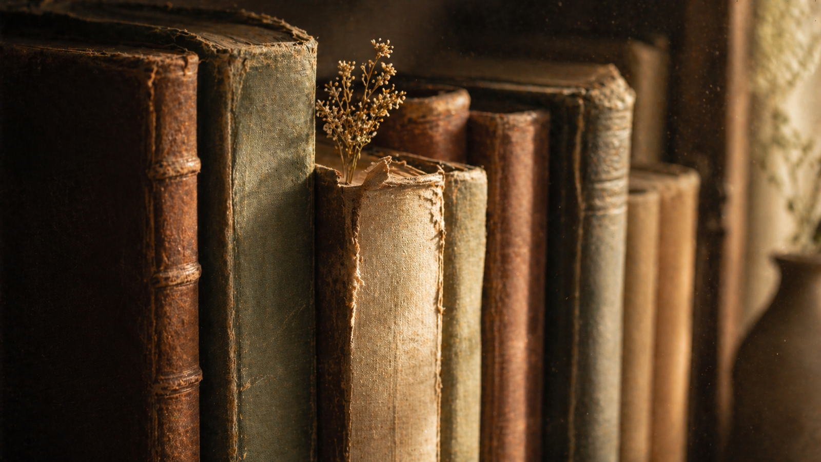A row of well-loved old books with cracked leather and cloth spines, a small dried sprig used as a bookmark peeking from one.