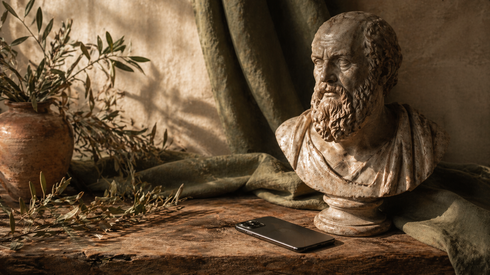 A weathered marble bust of an ancient philosopher beside a modern smartphone on a rustic wooden table, with olive branches in soft light.