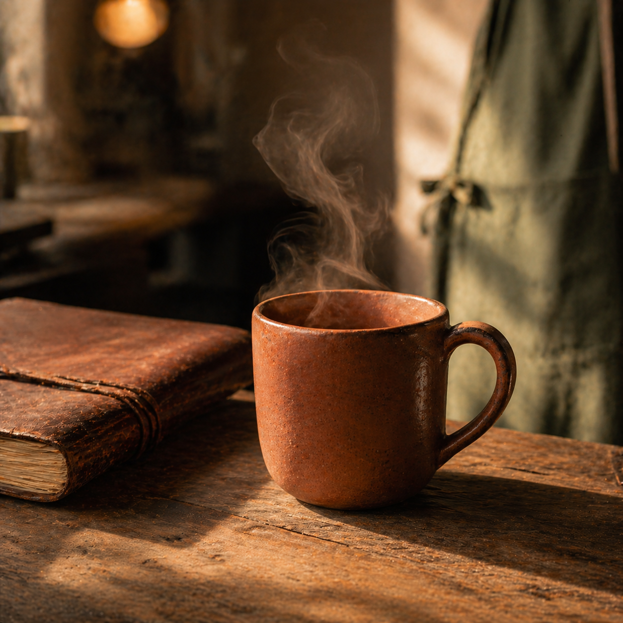 A steaming terracotta ceramic mug on a worn wooden table beside a leather notebook, with a sage-toned apron softly visible in the background.