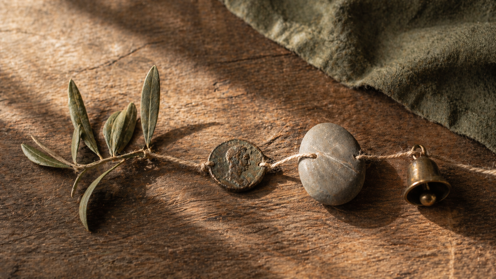 An olive branch, a worn Roman coin, a river stone, and a small brass bell connected by twine on aged wood — three philosophical traditions.