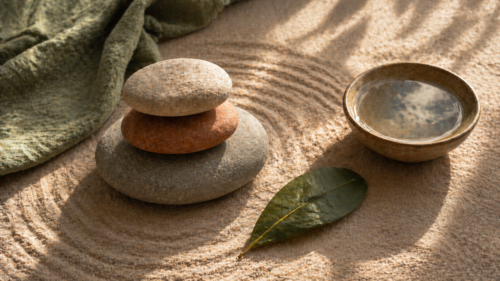 Three balanced river stones on raked sand beside a single leaf and a ceramic bowl of water — a Zen-inspired arrangement in warm light.