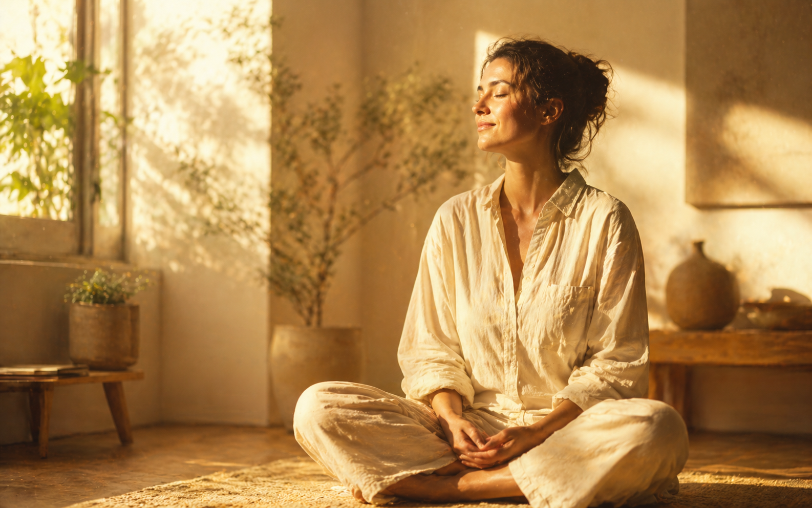 A person sitting cross-legged in soft golden light