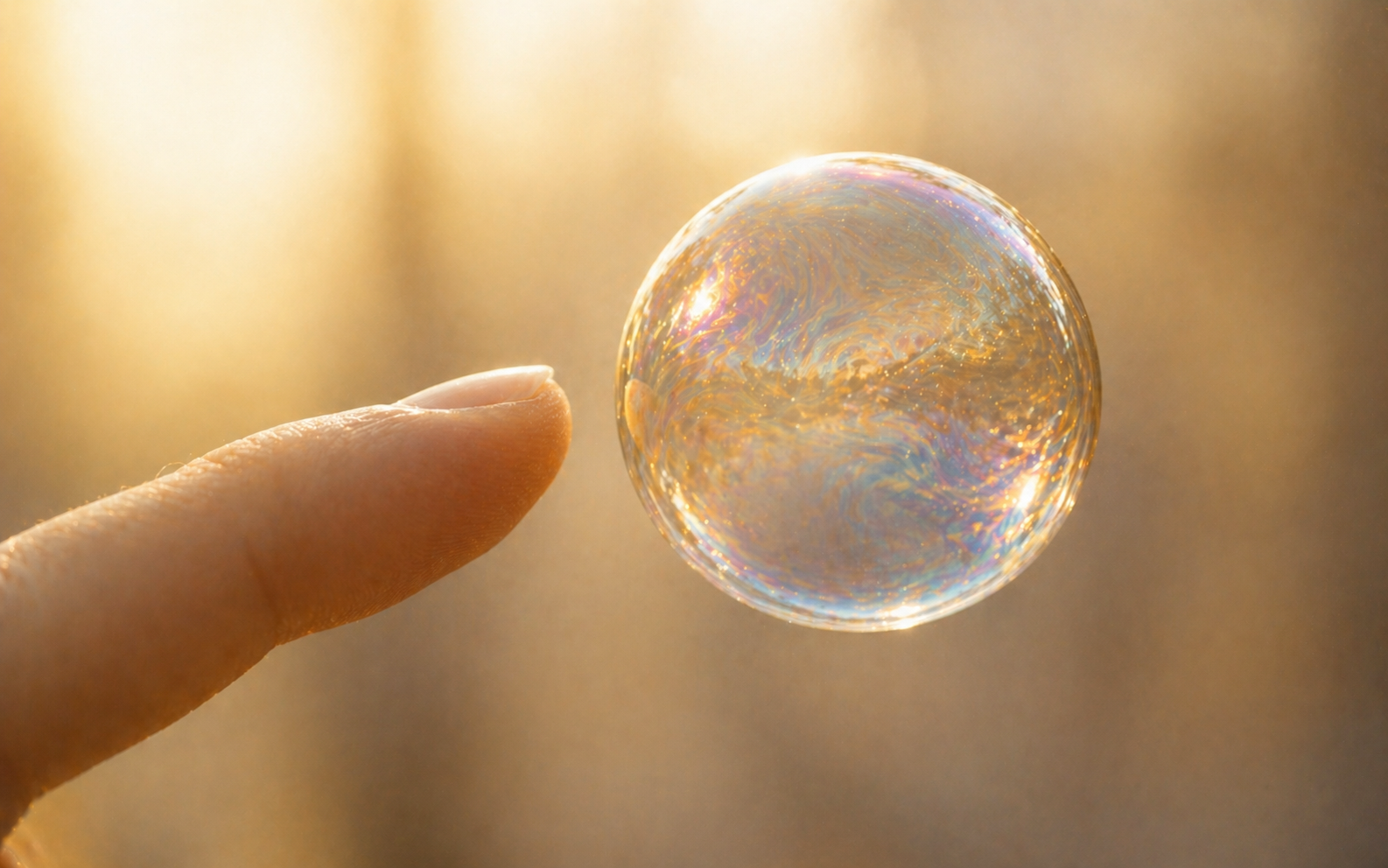 A fingertip approaching a soap bubble