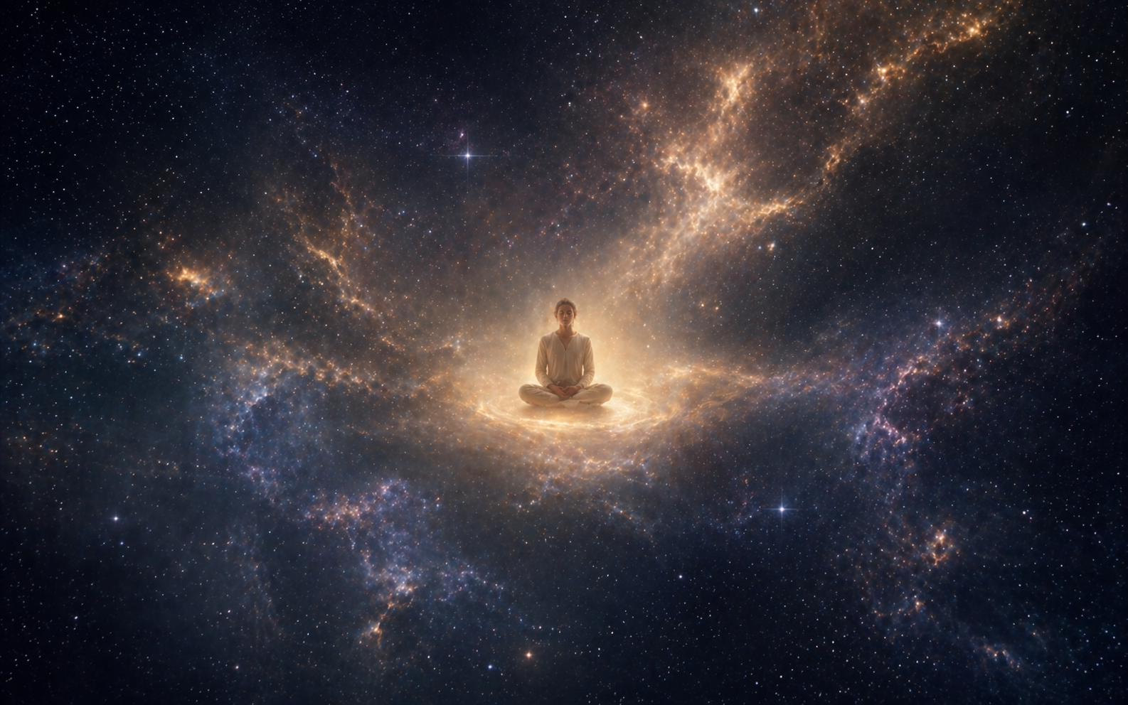 A figure seated in lotus position floating in vast cosmos