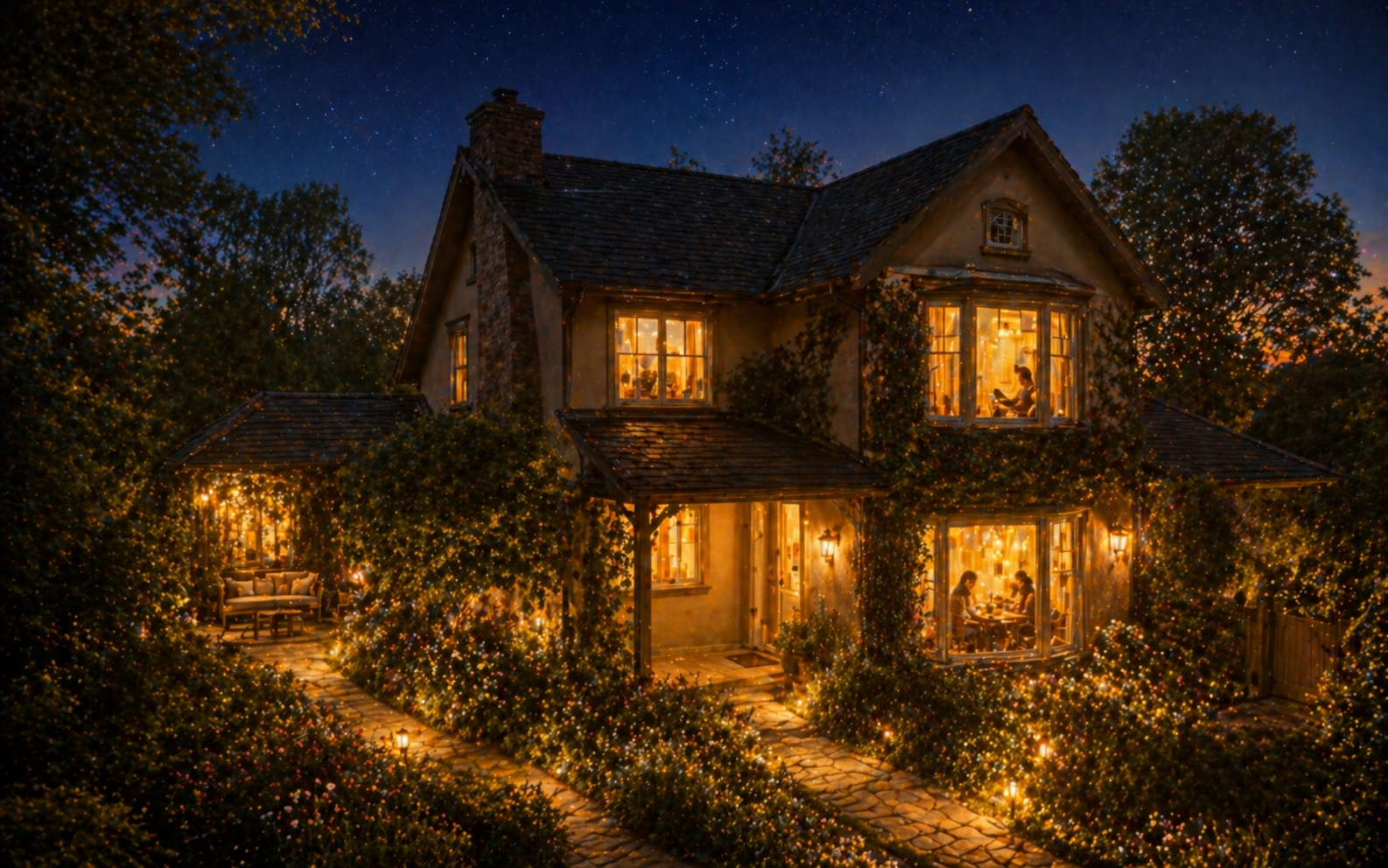 A home glowing warmly from within at dusk