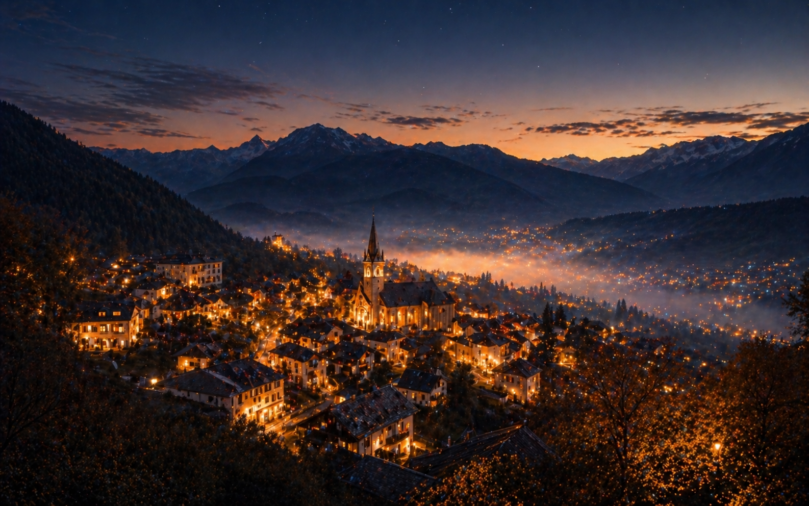 A small town glowing with warm light at twilight