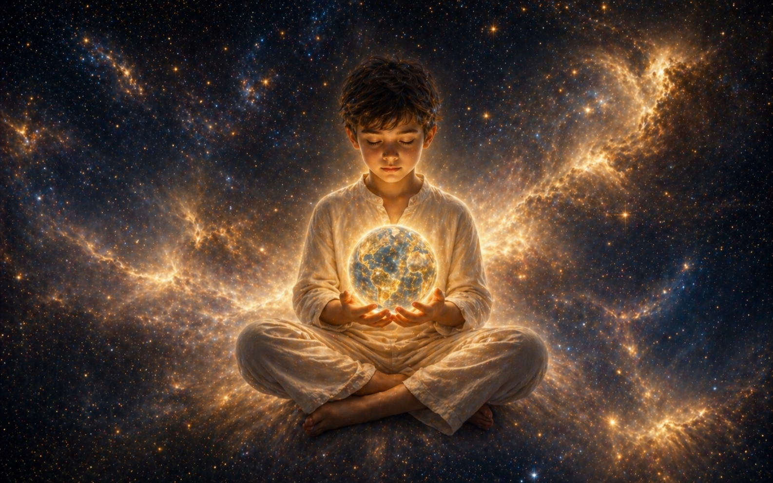 A child holding a small glowing Earth, floating in space
