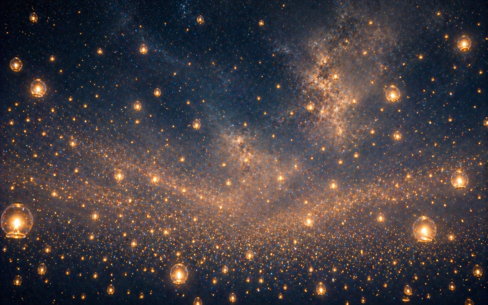 Hundreds of points of warm golden light suspended in vast space