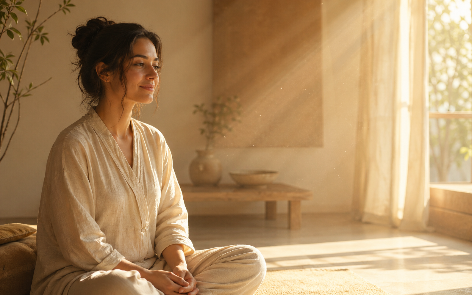 A person gently opening their eyes in soft morning light